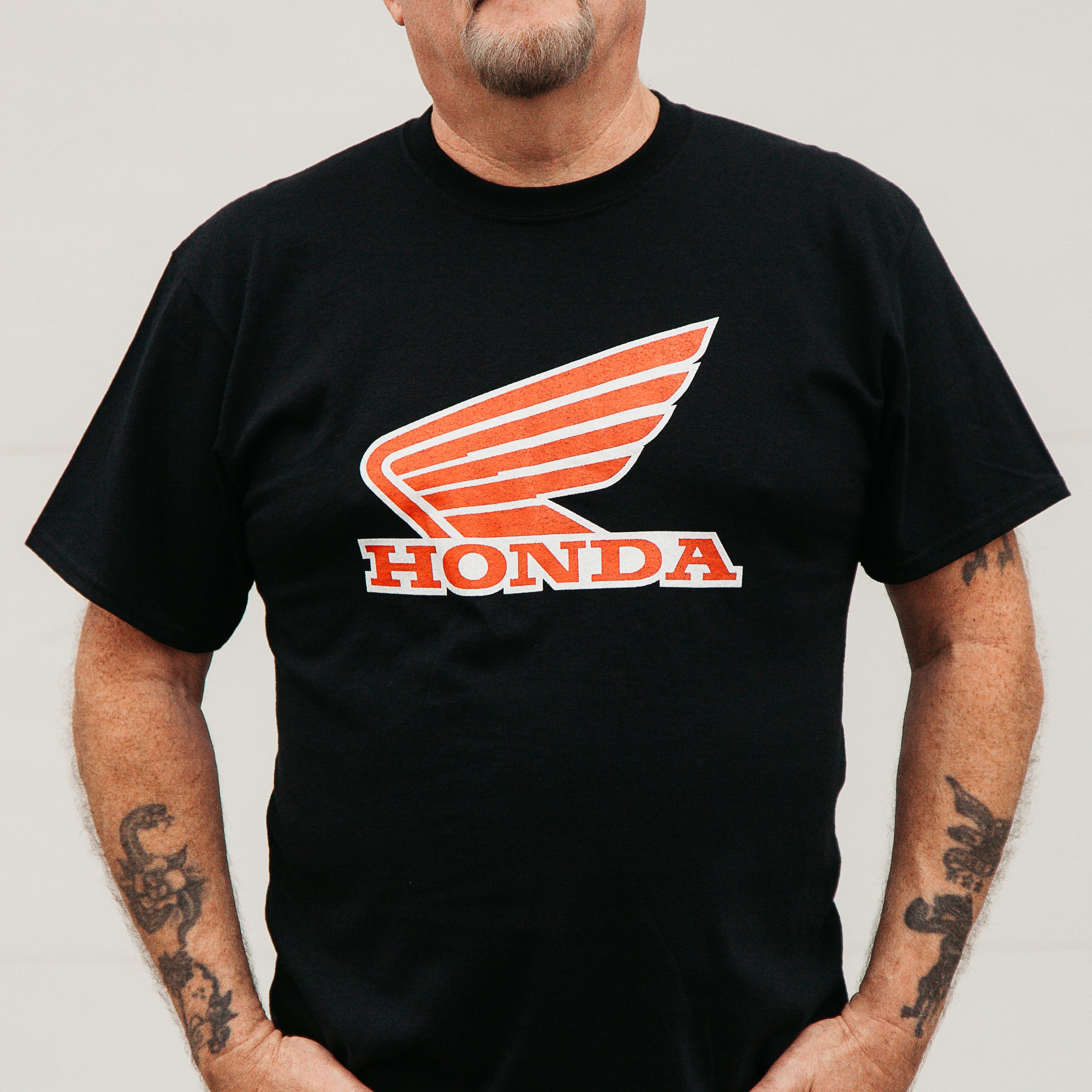 Dreamcycle Motorcycle Museum | Closeup man modeling honda tshirt. 
