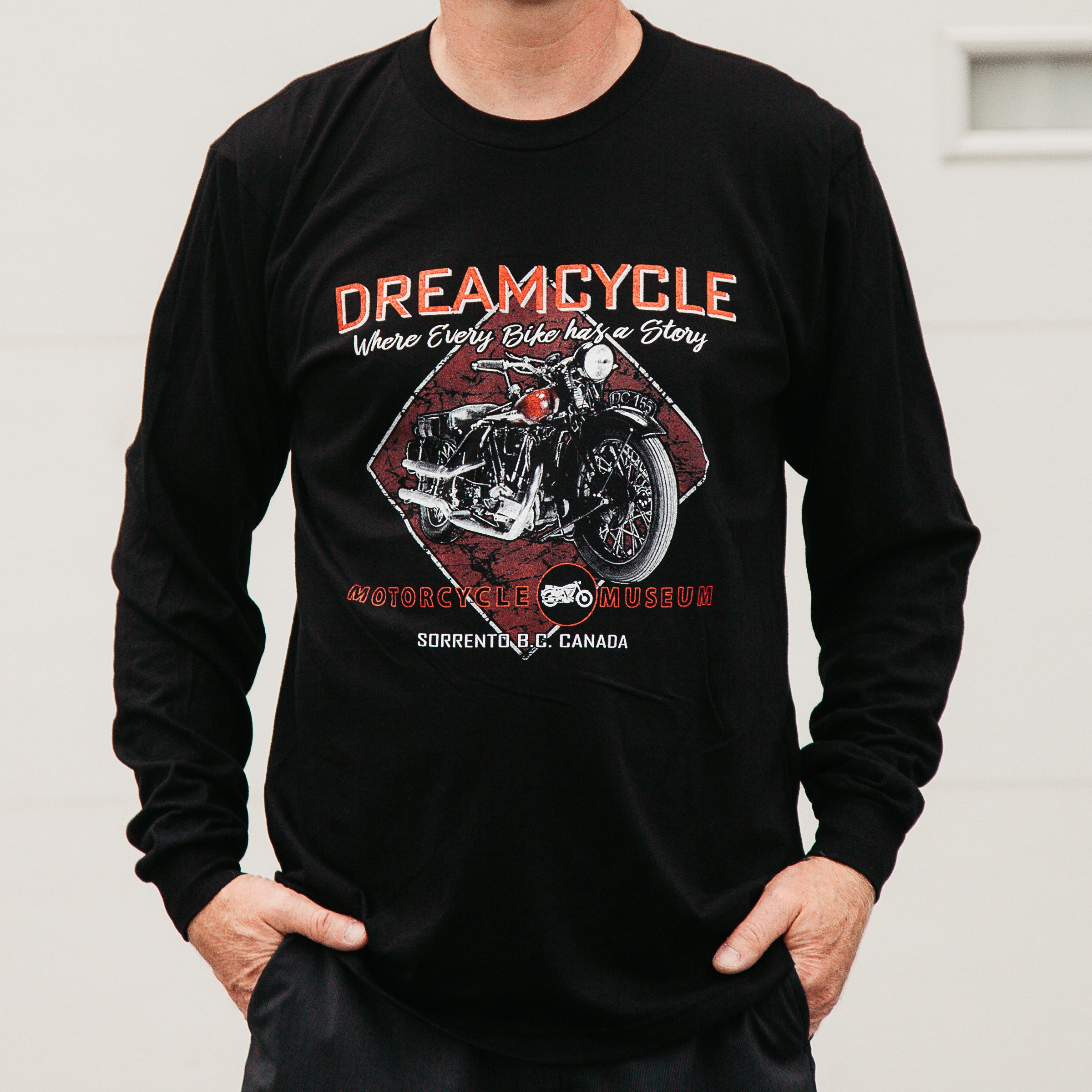 Dreamcycle Motorcycle Museum |  Closeup Longsleve dreamcycle shirt on model in lifestle setting. 