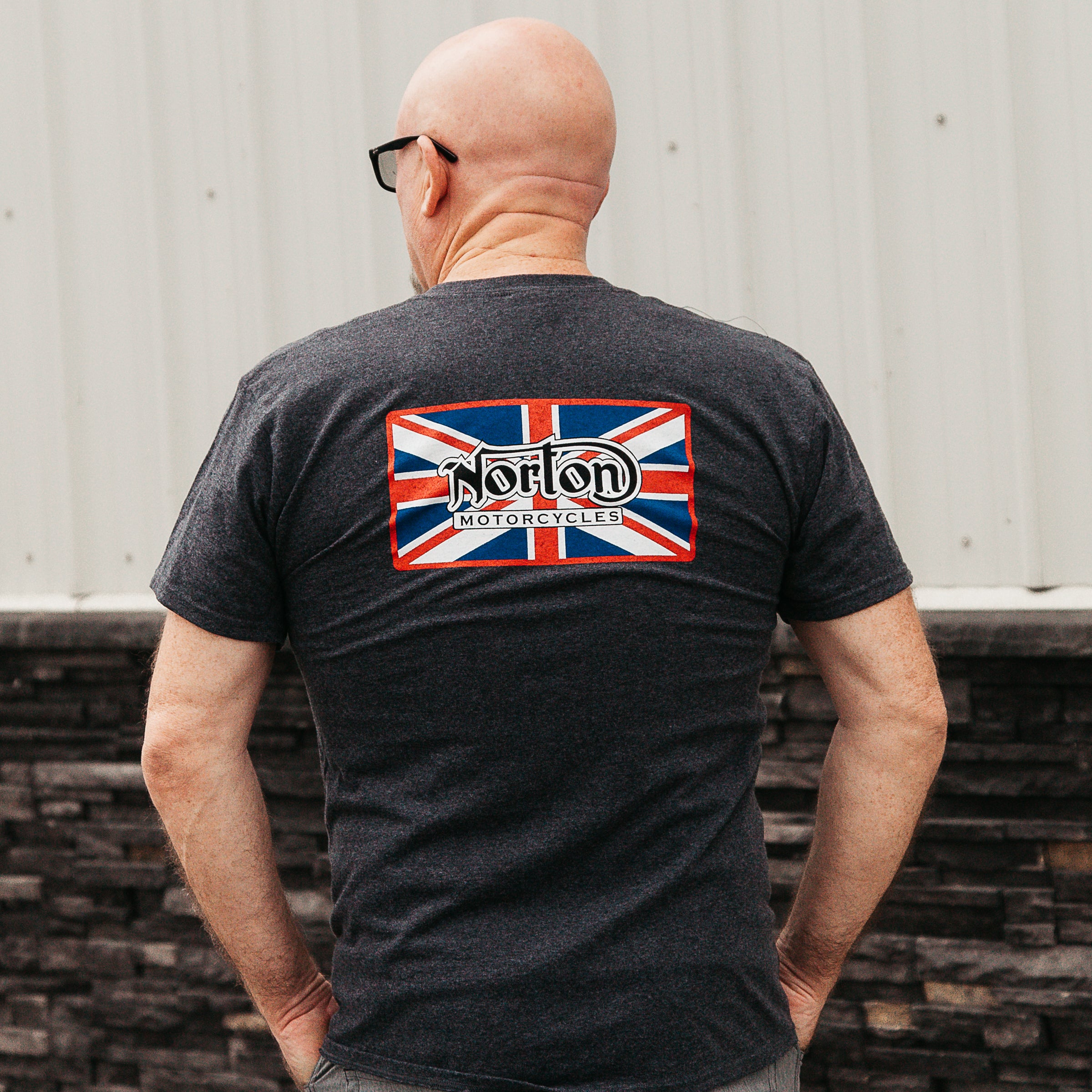 Dreamcycle Motorcycle Museum |  Back of tshirt with Union Jack and Norton Motorcycles Logo.