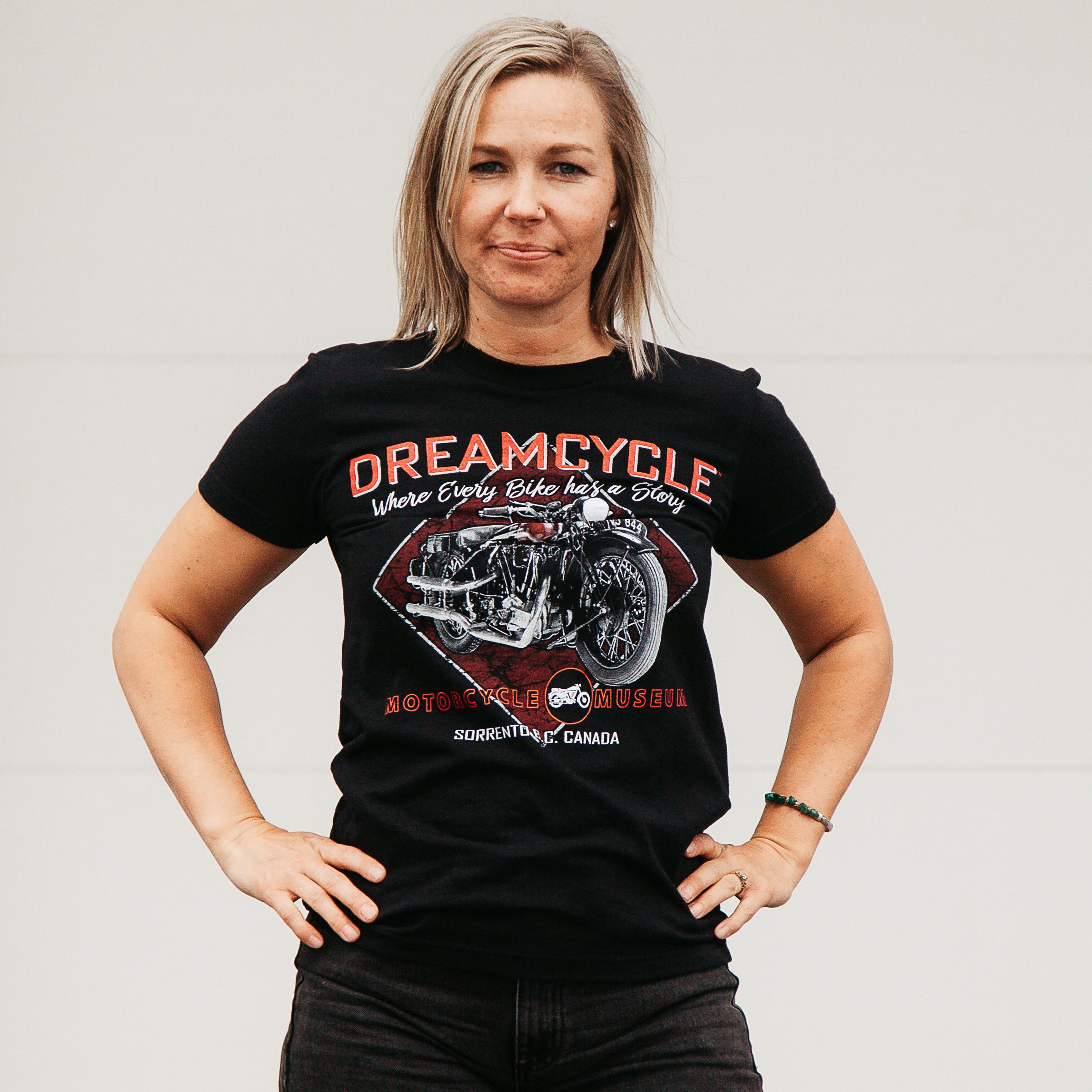 Dreamcycle Motorcycle Museum |  Dreamcycle womens tshirt modelled in lifestyle setting. 