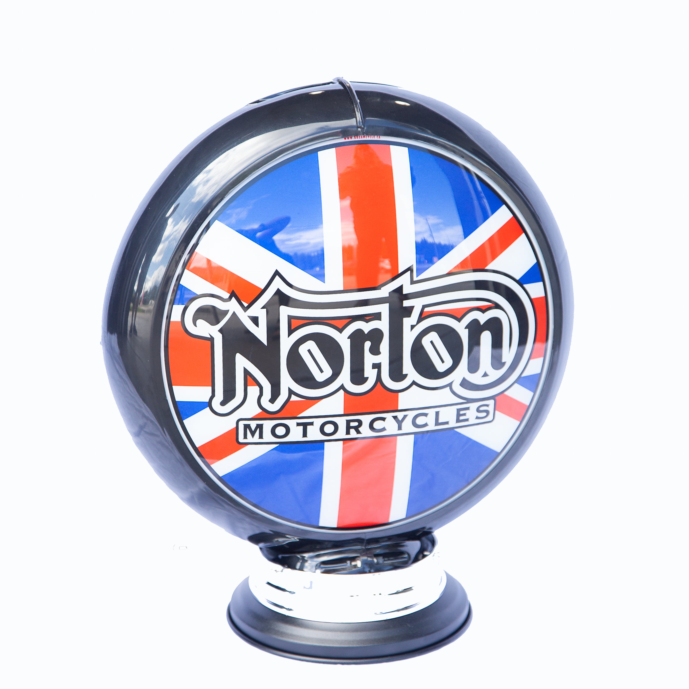 Dreamcycle Motorcycle Museum |   Norton motorcycles globe and base on white background.