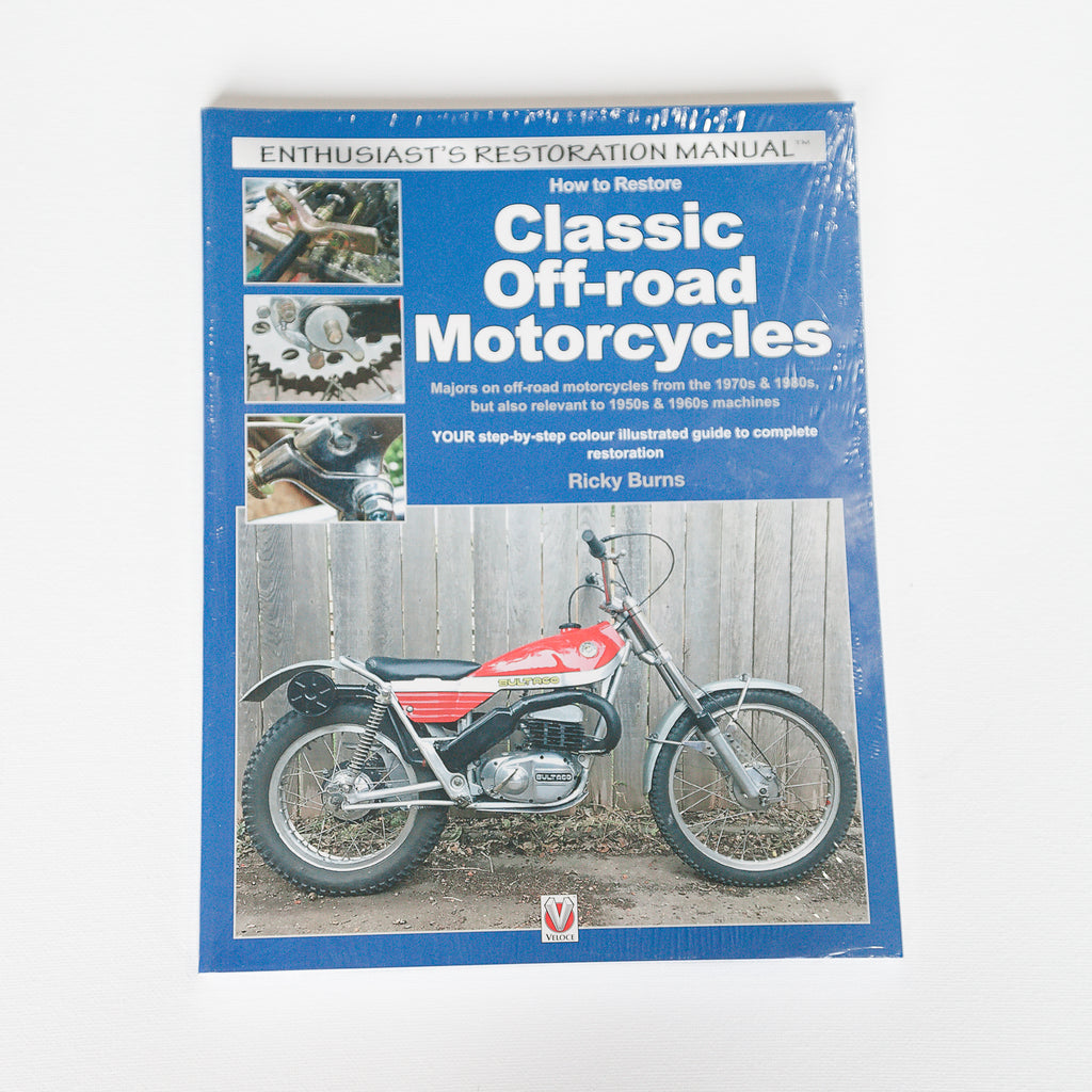 Dreamcycle Motorcycle Museum |  Classic Off-Road Motorcycle Restoration Manual on white background.