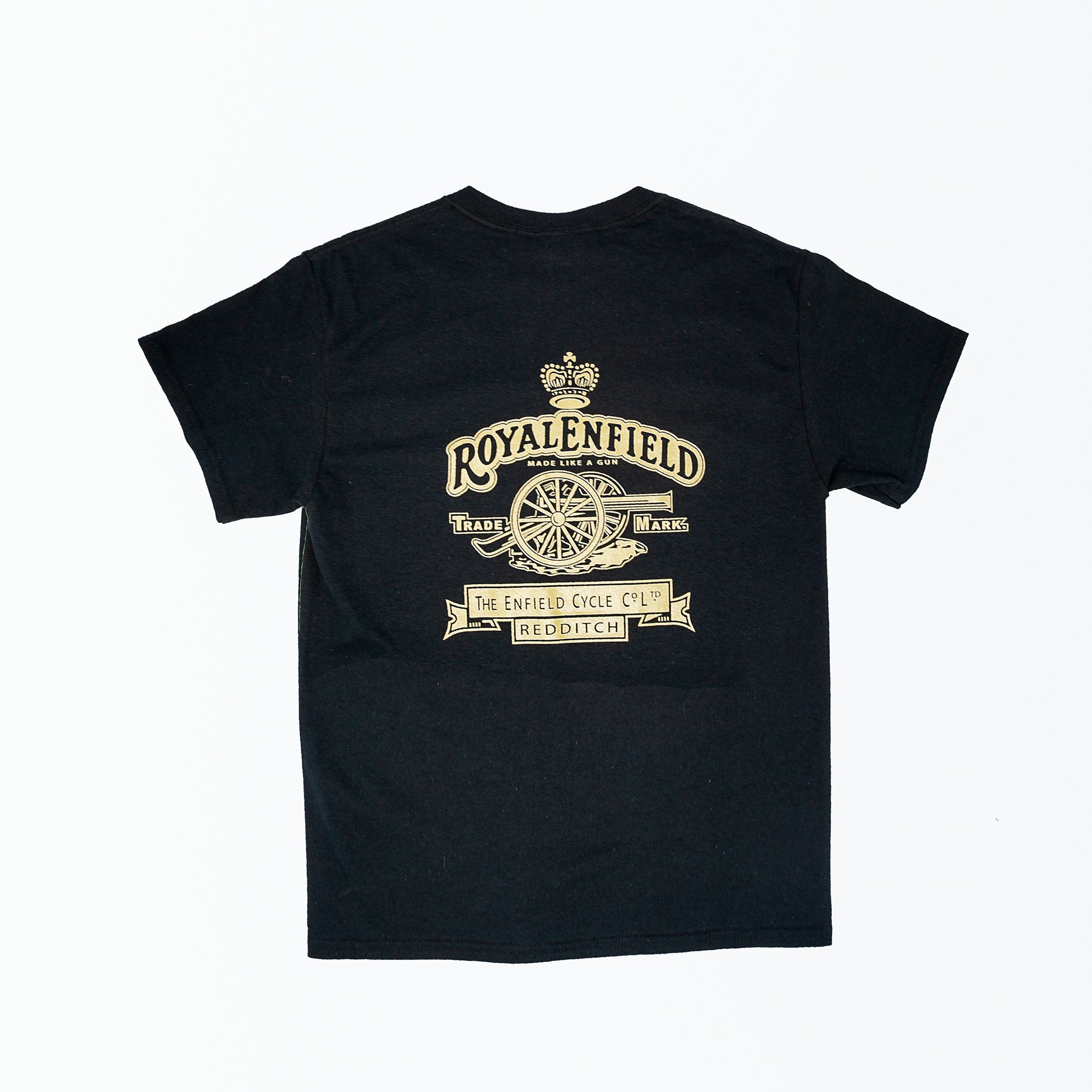 Dreamcycle Motorcycle Museum |  Back of black tshirt on a white background with text "Royal Enfield"