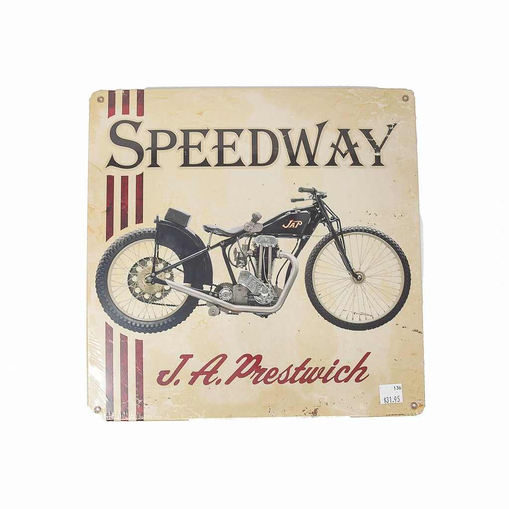 Dreamcycle Motorcycle Museum |  Speedway metal sign on white background. 