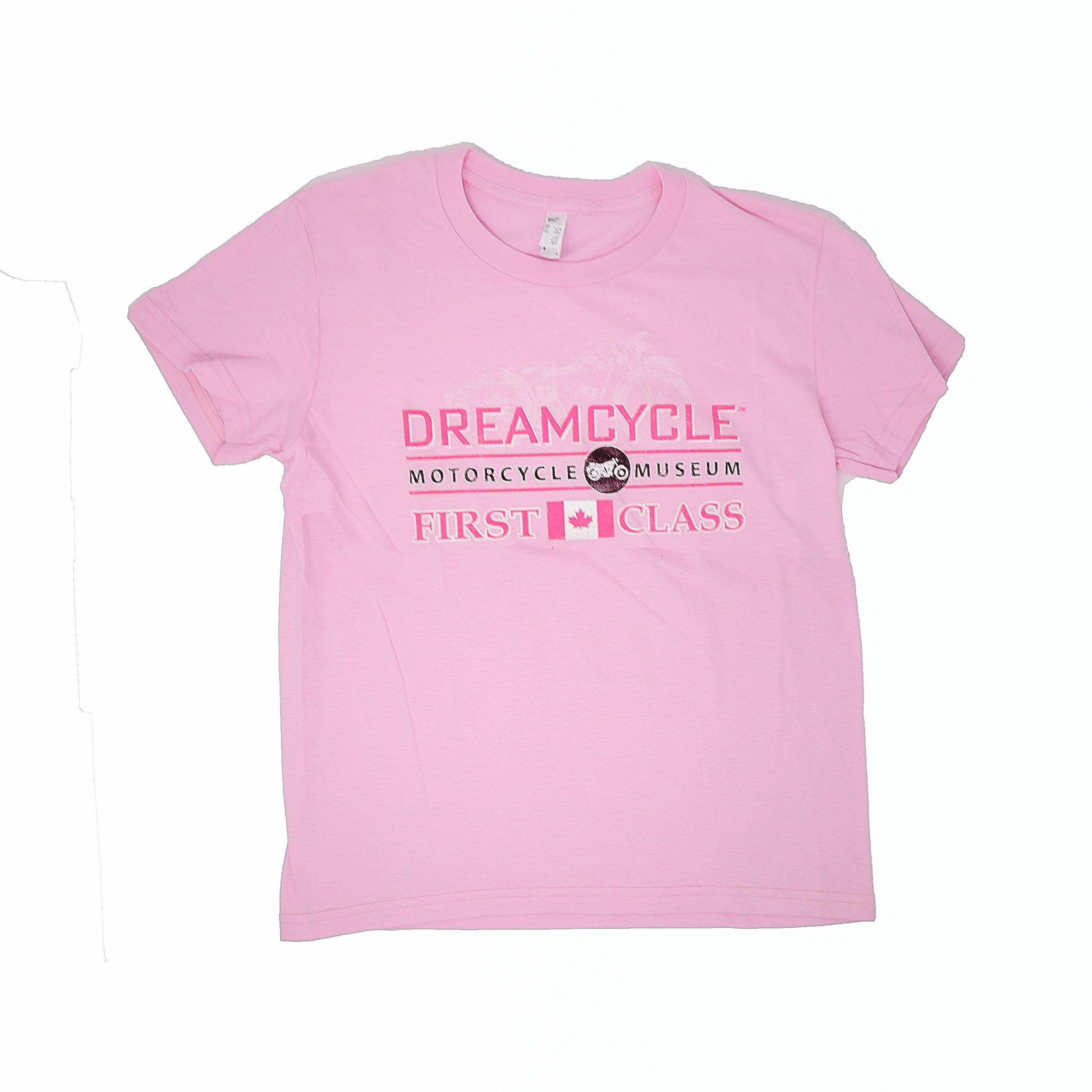 Dreamcycle Motorcycle Museum |  Pink dreamcycle tshirt on white background. 